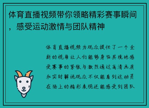 体育直播视频带你领略精彩赛事瞬间，感受运动激情与团队精神