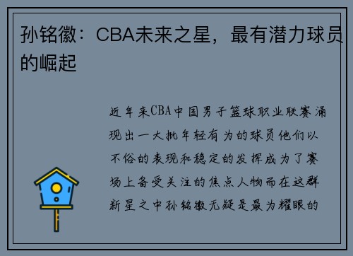孙铭徽：CBA未来之星，最有潜力球员的崛起